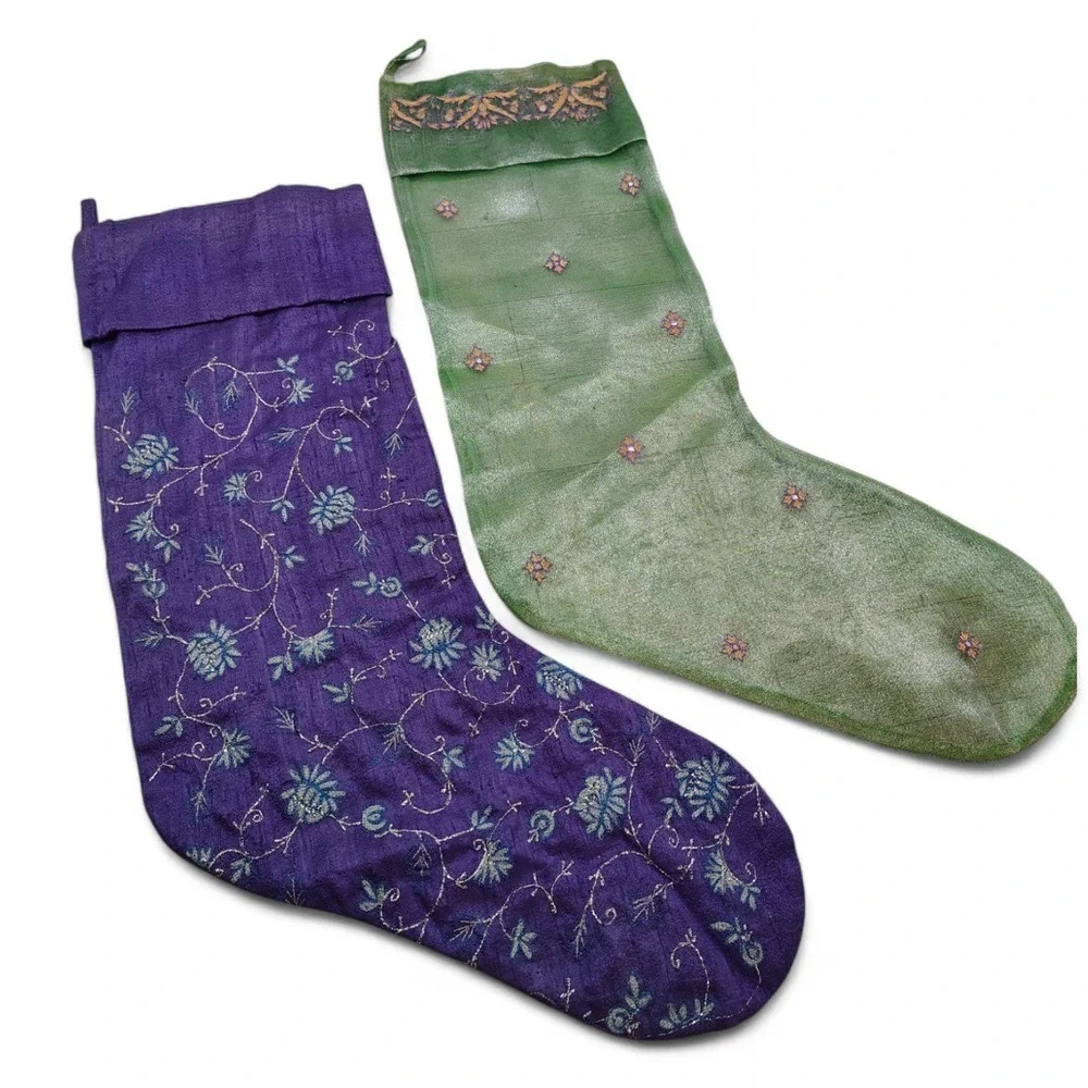 Embroidered Holiday Stockings Purple‎ & Green Christmas Bundled Set of 2